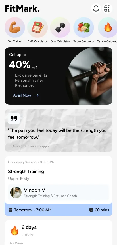 Fitmark member app home with trainer booking, calculators, upcoming strength training session with the trainer and a six-day workout streak