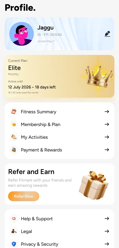 Fitmark member app profile showing the current Elite plan, active until date, 18 days left and visits used this month