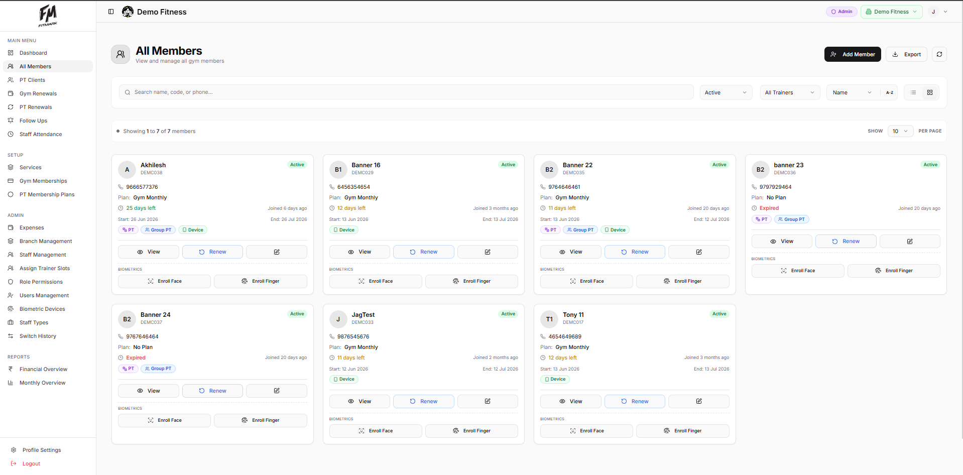 Fitmark all members view with search, plans, renewals, and biometric enrollment
