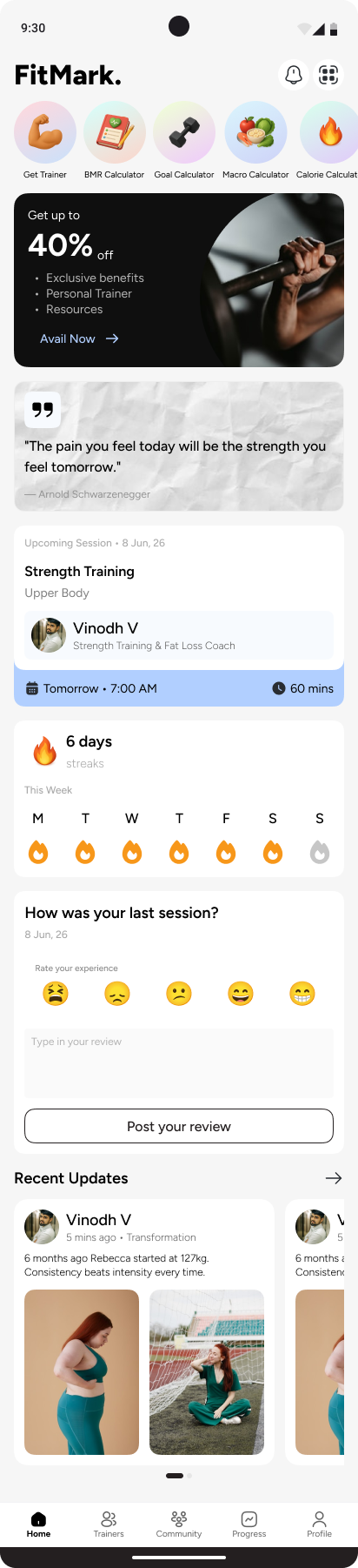 Fitmark member app home with trainer tools, streaks, and sessions