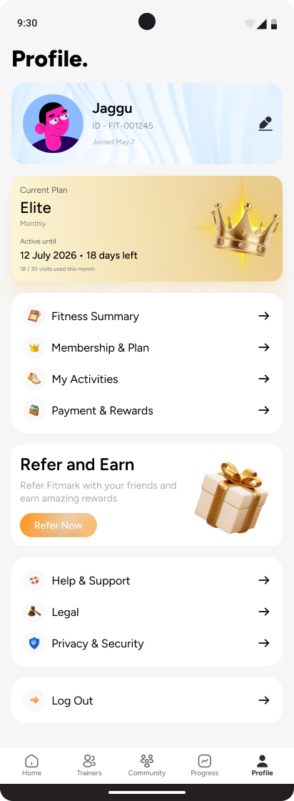 Fitmark member app profile with plan and rewards